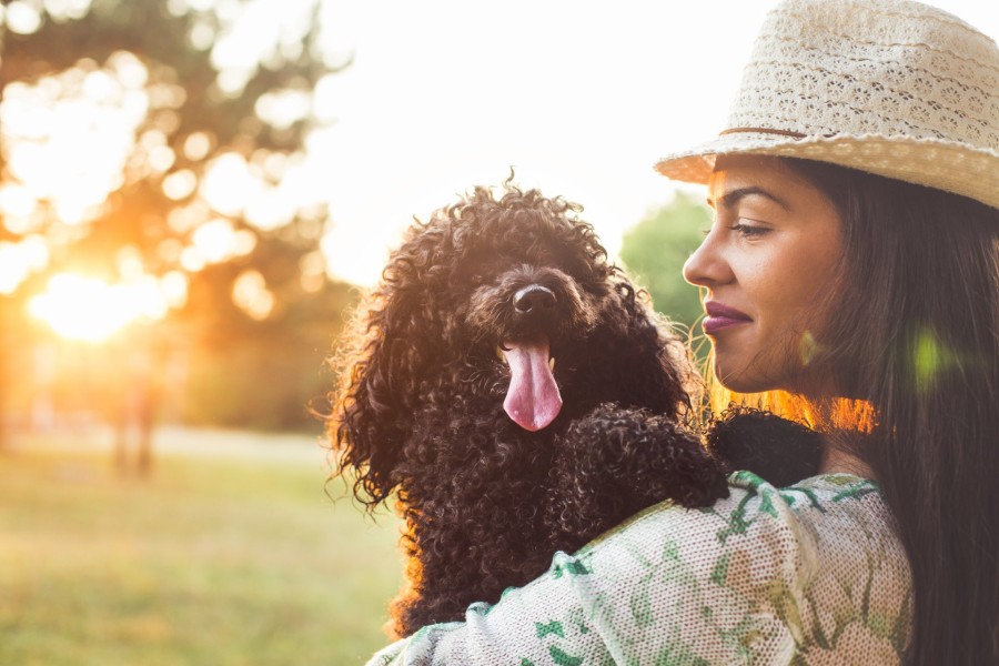 woman holding small dog